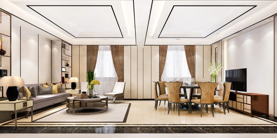 Modern dining and living room with luxury decor from BeeSmart series.