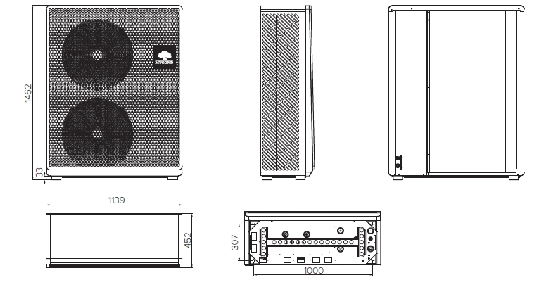 Outdoor unit of BeeSmart split heat pump with dimensions.