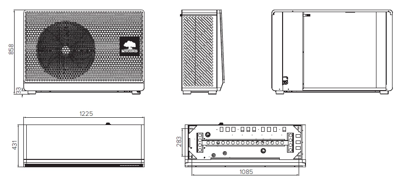 Diagram showing dimensions of the BeeSmart split heat pump.