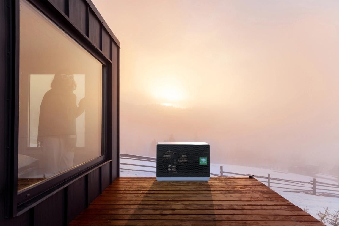 Woman looking out from a tiny house window.