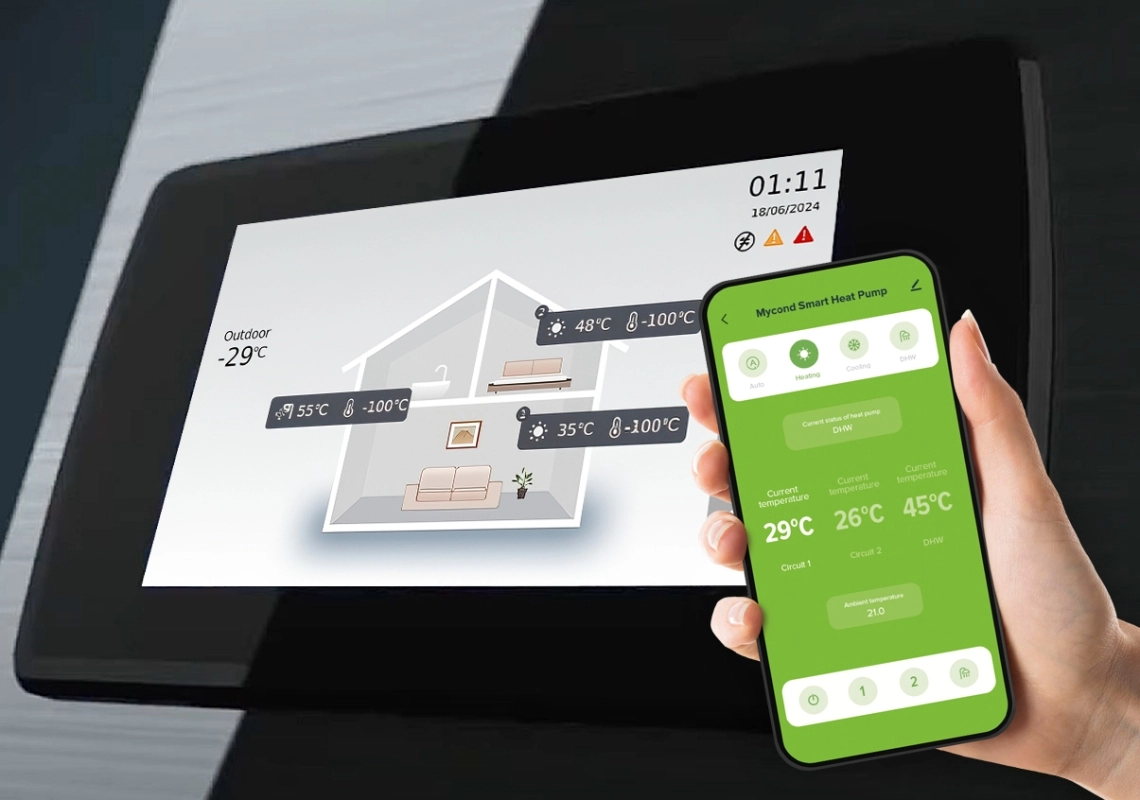 Intuitive control panel for BeeSmart heat pumps shown.