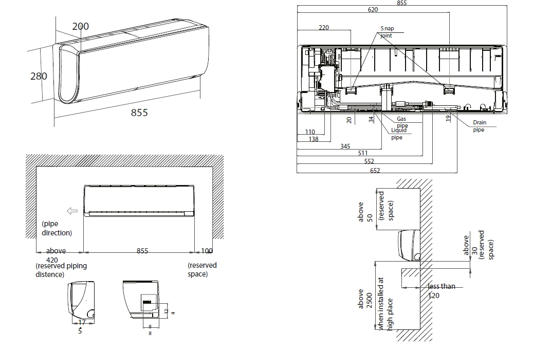 Technical dimensions of the N-series wall-mounted unit.
